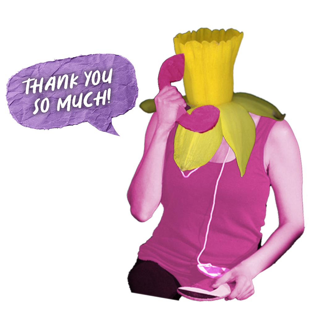 Woman with yellow flower as a head on a big phone saying "Thank you so much!"